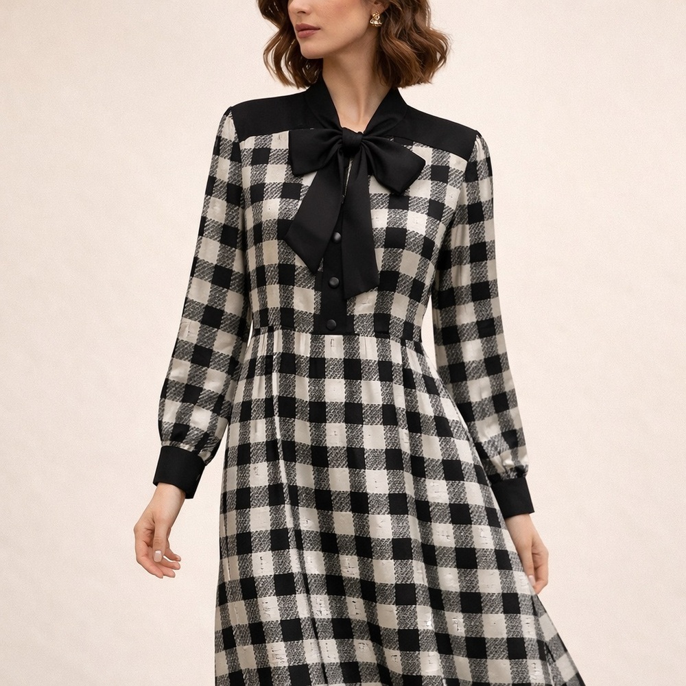 Vintage 70s Plaid Houndstooth Bow Midi Dress Satin Sz 12